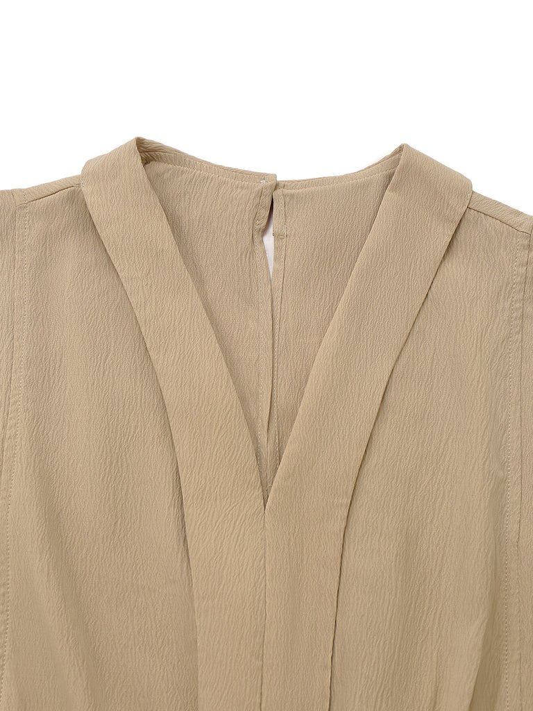 Khaki 1930s V-Neck Pocket Solid Romper