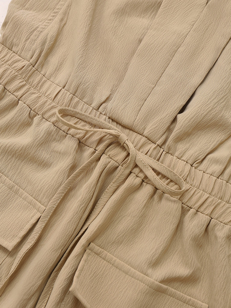 Khaki 1930s V-Neck Pocket Solid Romper
