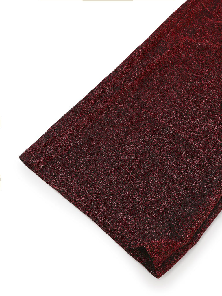 Red 1980s Glitter Deep-V Long Sleeve Jumpsuit