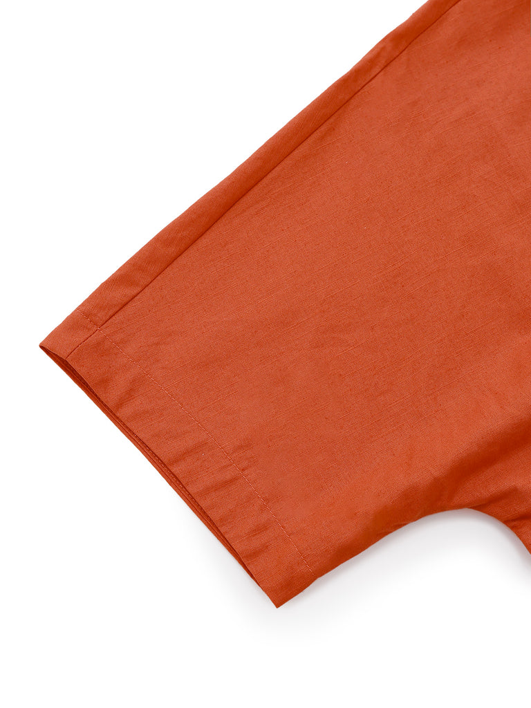 Orange 1940s V-Neck Brooch Button Solid Dress