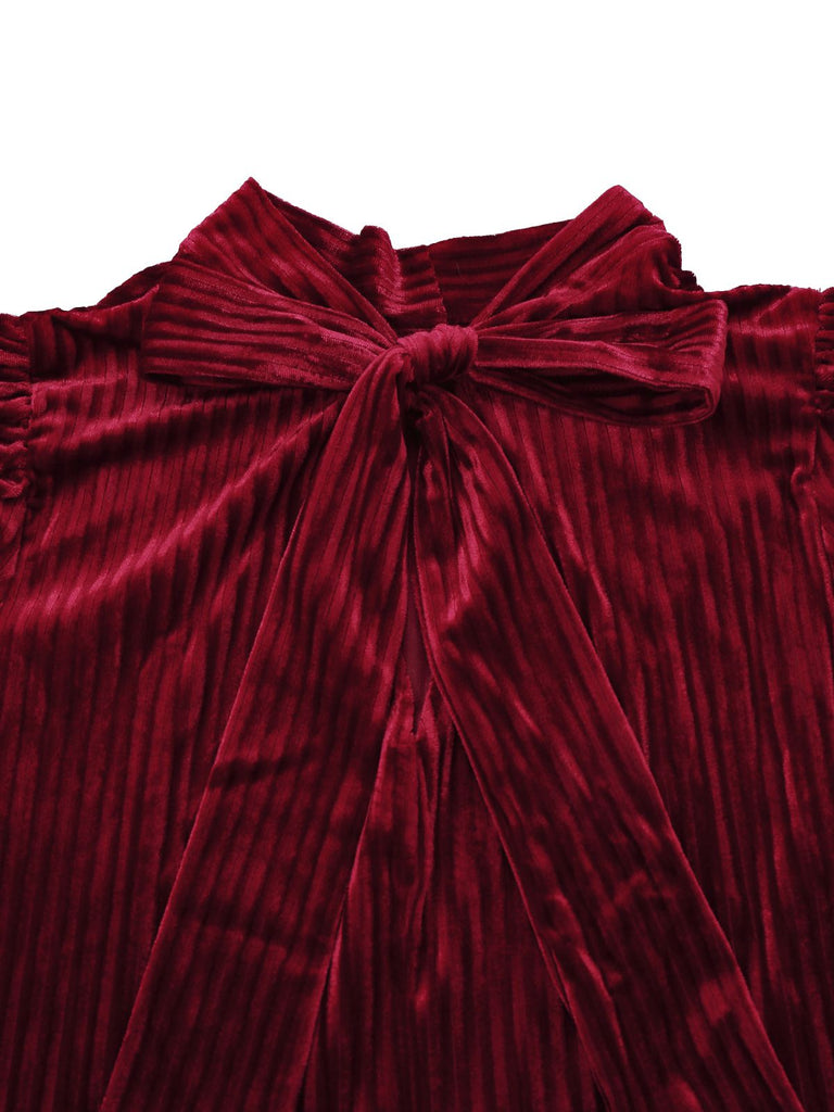 Burgundy 1960s Bow Collar Solid Velvet Ruffle Dress