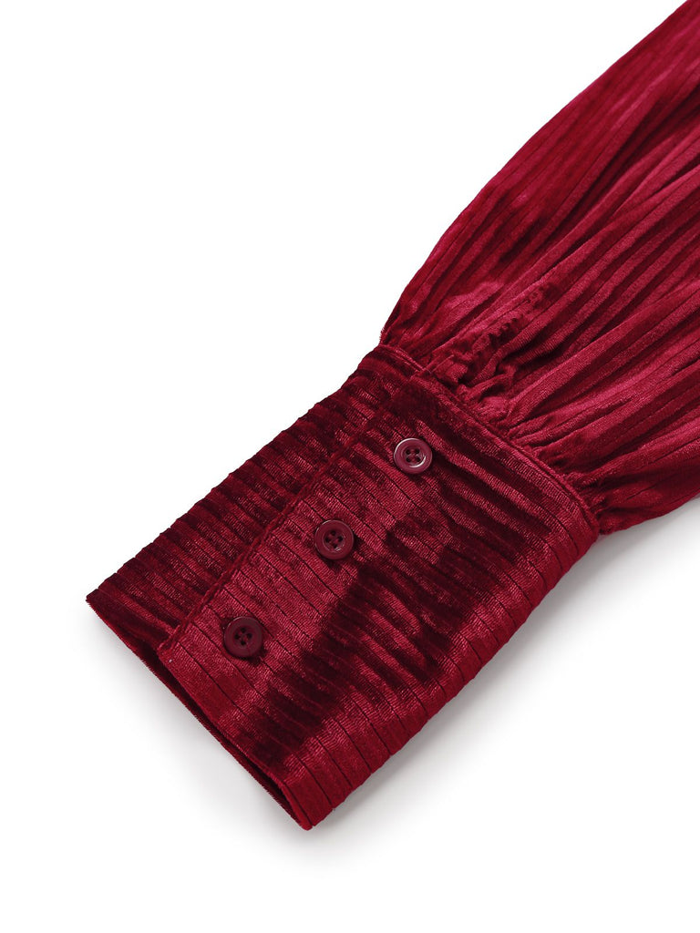 Burgundy 1960s Bow Collar Solid Velvet Ruffle Dress