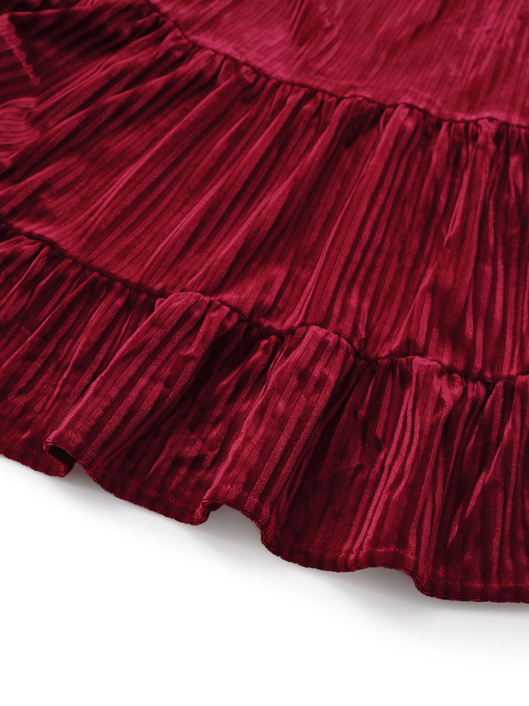 Burgundy 1960s Bow Collar Solid Velvet Ruffle Dress