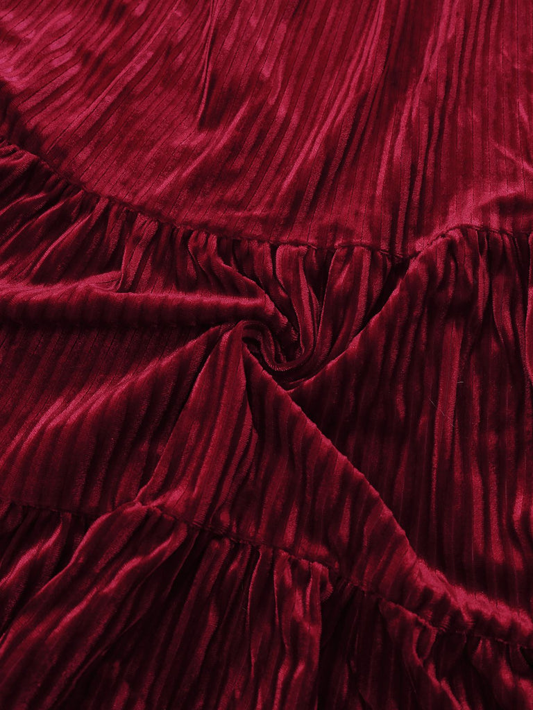 Burgundy 1960s Bow Collar Solid Velvet Ruffle Dress