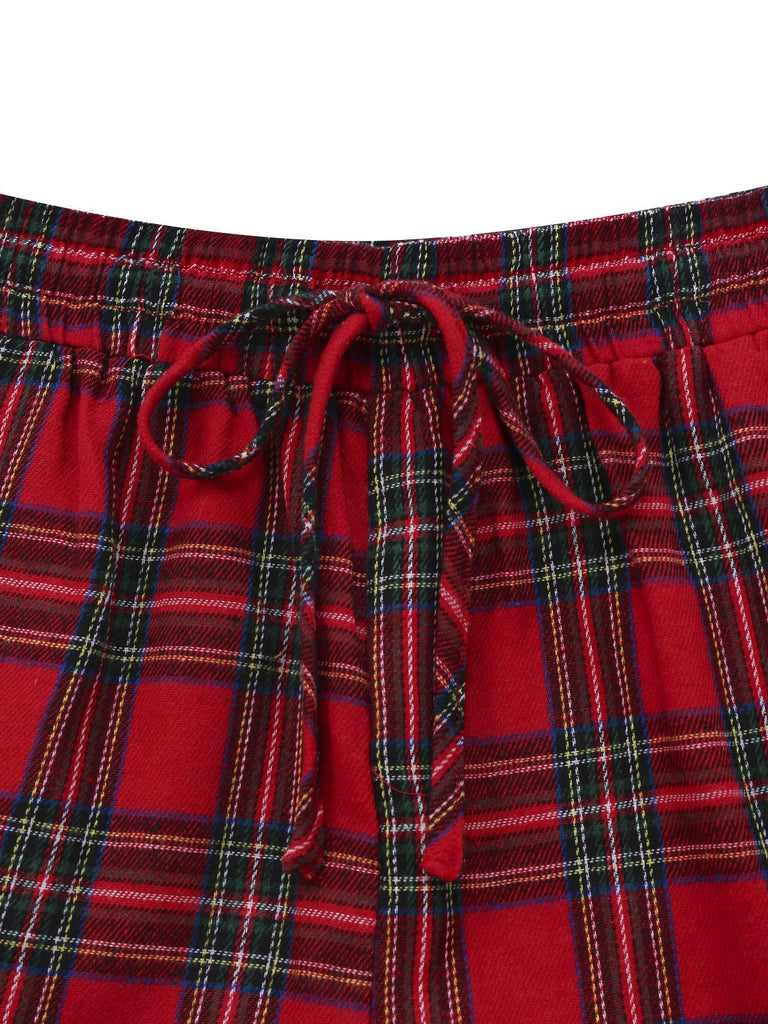 2PCS Red 1930s Christmas Plaid Pajama Set