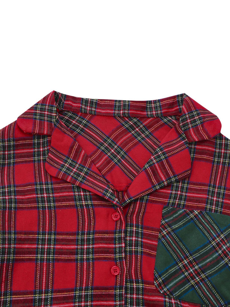 2PCS Red 1930s Christmas Plaid Pajama Set