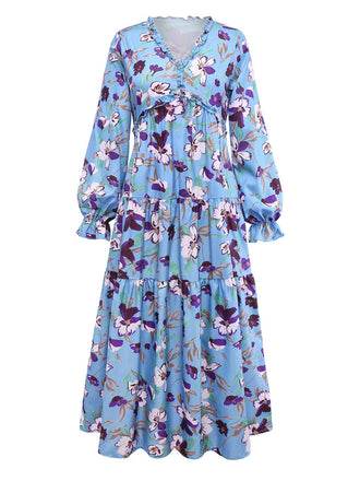 Blue 1940s V-Neck Floral Puff Sleeve Dress