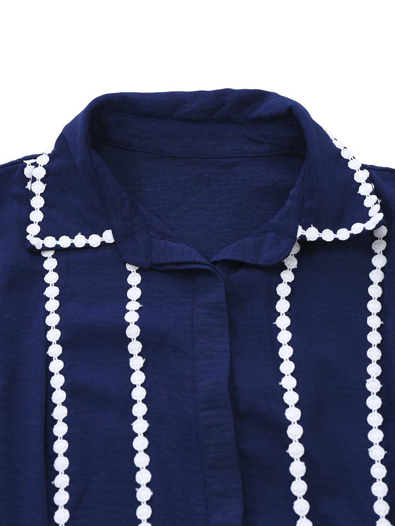 Dark Blue 1940s Contrast-Trim Belted Shirt Dress