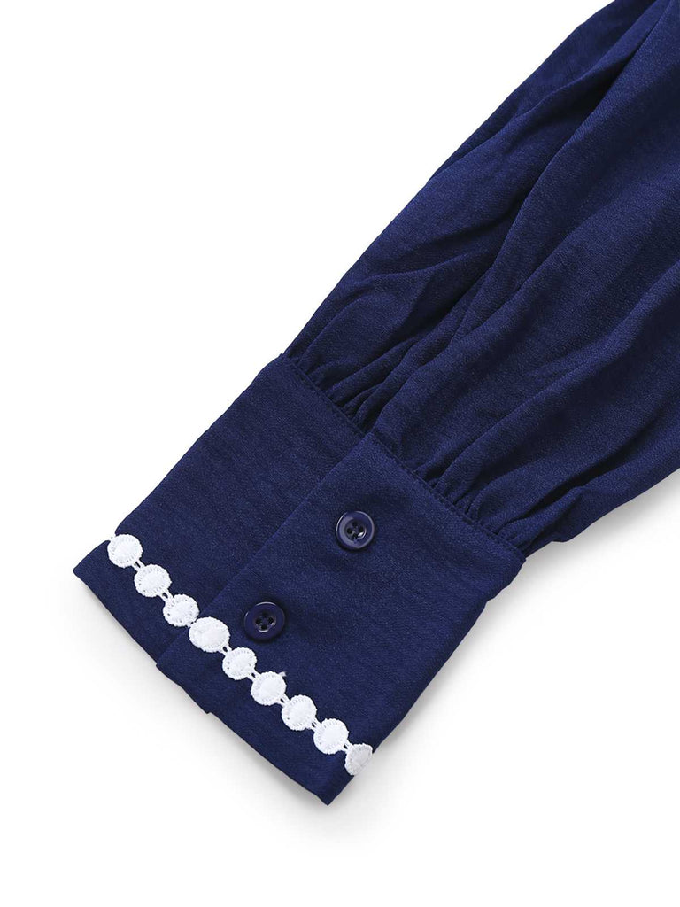 Dark Blue 1940s Contrast-Trim Belted Shirt Dress