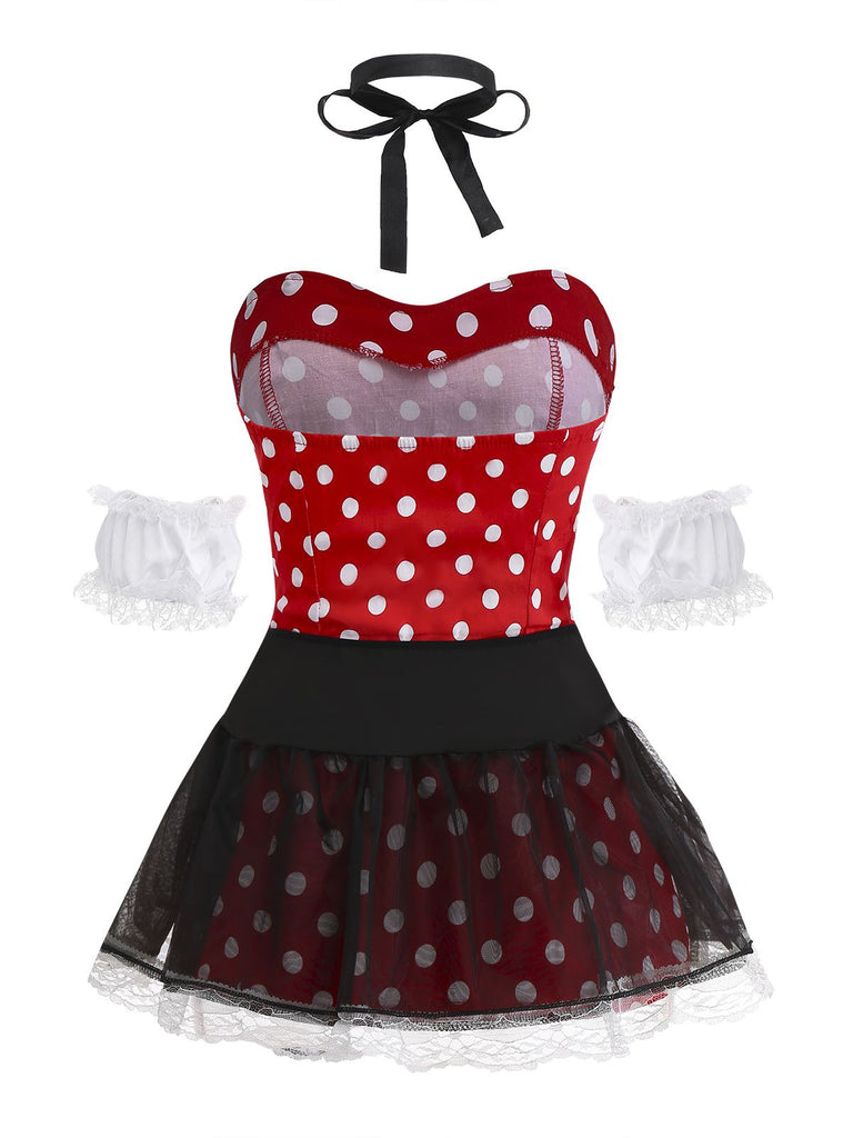 Red 1980s Polka Dot Dress & Mesh Skirt Set