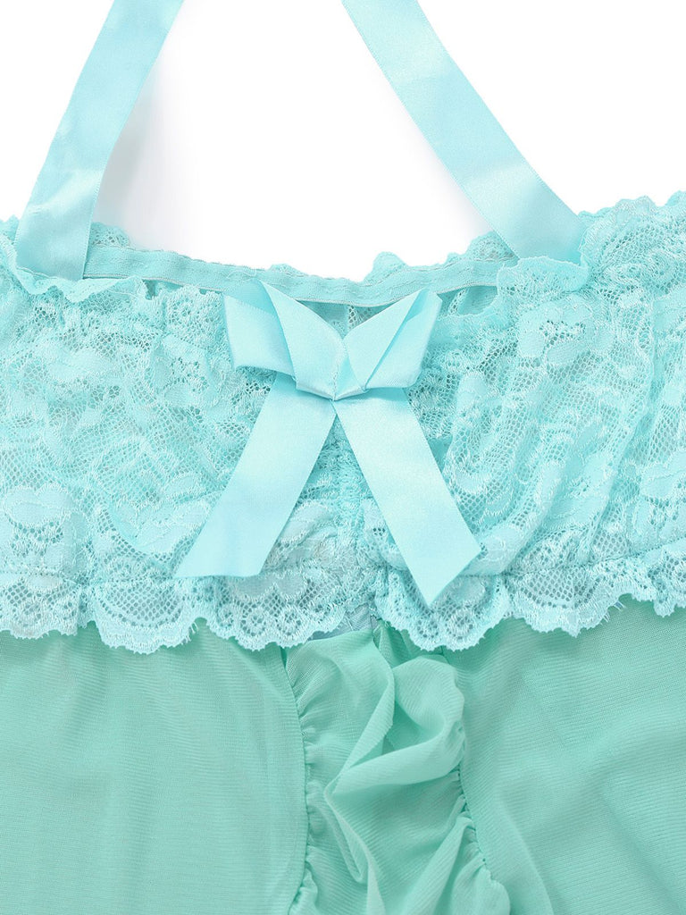 Aqua Blue 1980s Lace Bow Lingerie Set