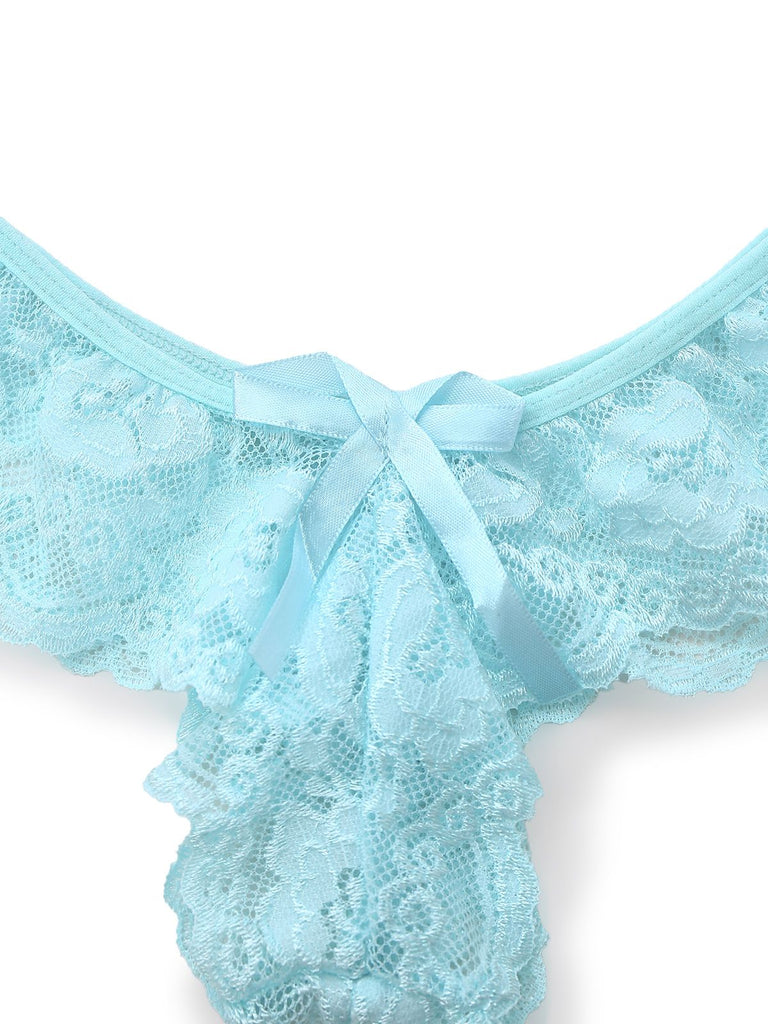 Aqua Blue 1980s Lace Bow Lingerie Set