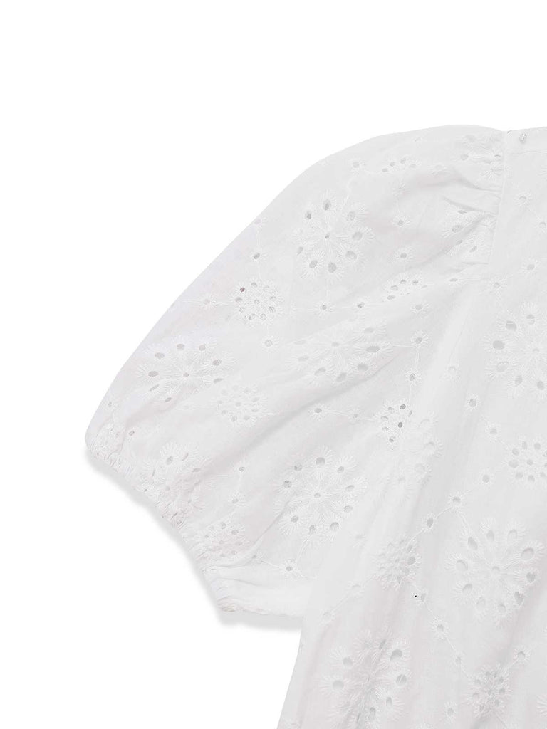 White 1950s Pure Cotton Eyelet Puff Sleeve Top