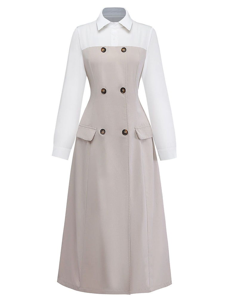 Beige 1940s Colorblock Lapel Button-Down Midi Dress