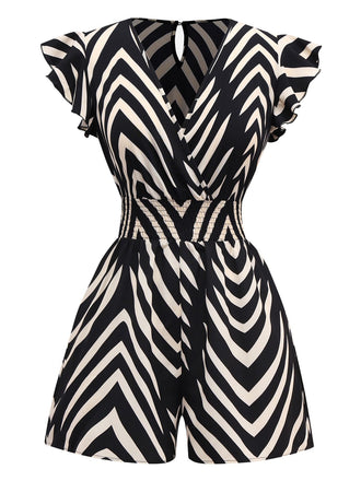 Black 1950s Zebra Striped Ruffled Waist Romper