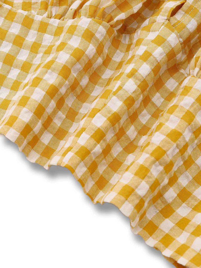 Yellow 1950s Gingham Plaid Lapel Pearl Button Top