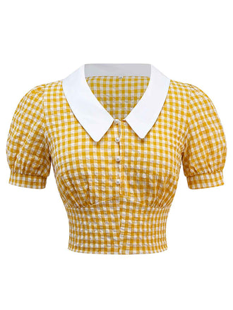 Yellow 1950s Gingham Plaid Lapel Pearl Button Top