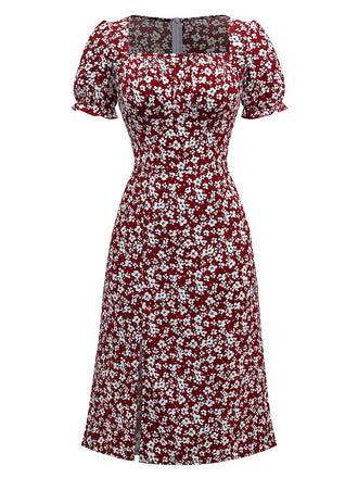 Red 1940s Floral Square Neck Puff Sleeve Dress