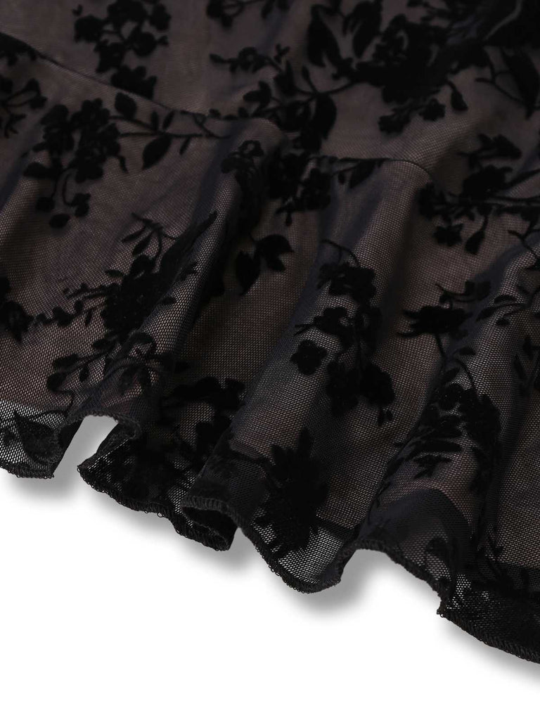 Black 1960s V-Neck Floral Lace Bodycon Dress