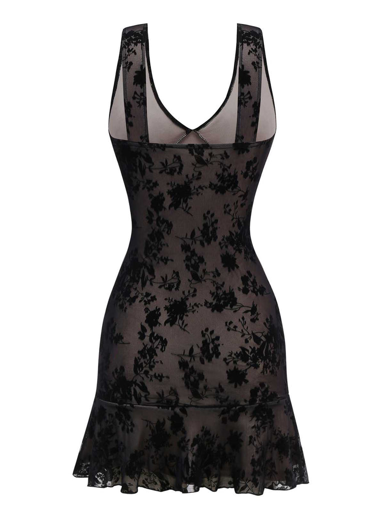 Black 1960s V-Neck Floral Lace Bodycon Dress