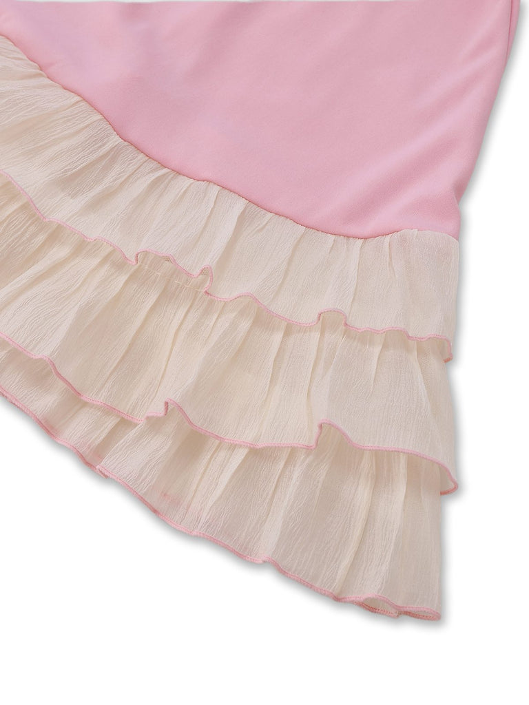 1950s Layered Hem Contrast Bow Strap Dress