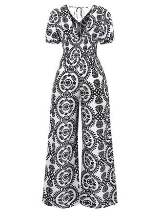 1970s V-Neck Boho Puff Sleeve Wide-Leg Jumpsuit