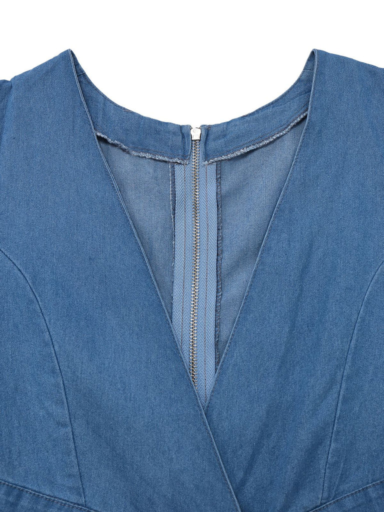 Blue 1970s Denim Puff Sleeve Cut-out Jumpsuit