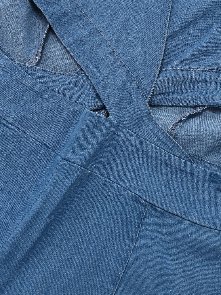 Blue 1970s Denim Puff Sleeve Cut-out Jumpsuit