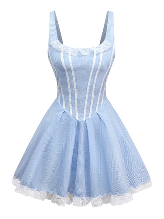 Light Blue 1950s Slip Gingham Lace Dress