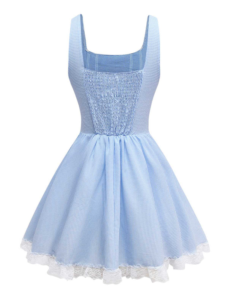 Light Blue 1950s Slip Gingham Lace Dress