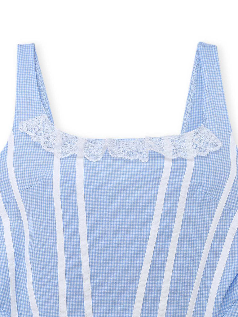 Light Blue 1950s Slip Gingham Lace Dress