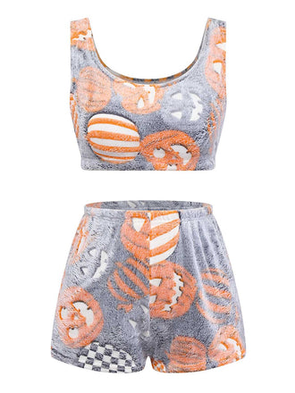 2PCS Grey 1970s Glowing Halloween Pumpkin Flannel Pajama Set