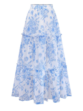 Light Blue 1970s Boho Floral Maxi Skirt