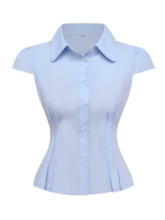 Light Blue 1970s Fitted Solid Blouse