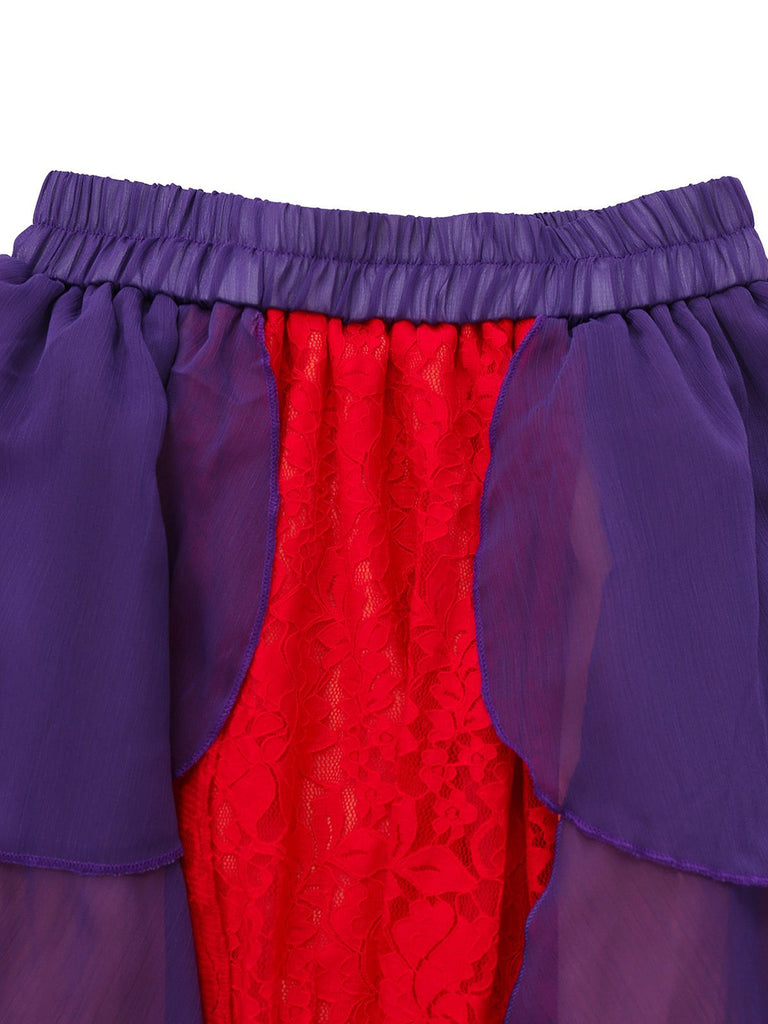 Purple 2PCS 1930s Hocus Pocus Lace Floral Top & Skirt