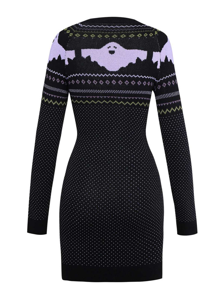 Black 1960s Dots Halloween Ghost Sweater Dress