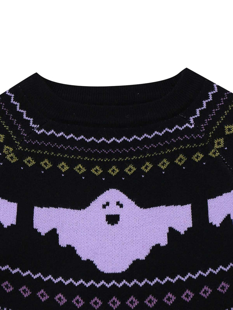 Black 1960s Dots Halloween Ghost Sweater Dress