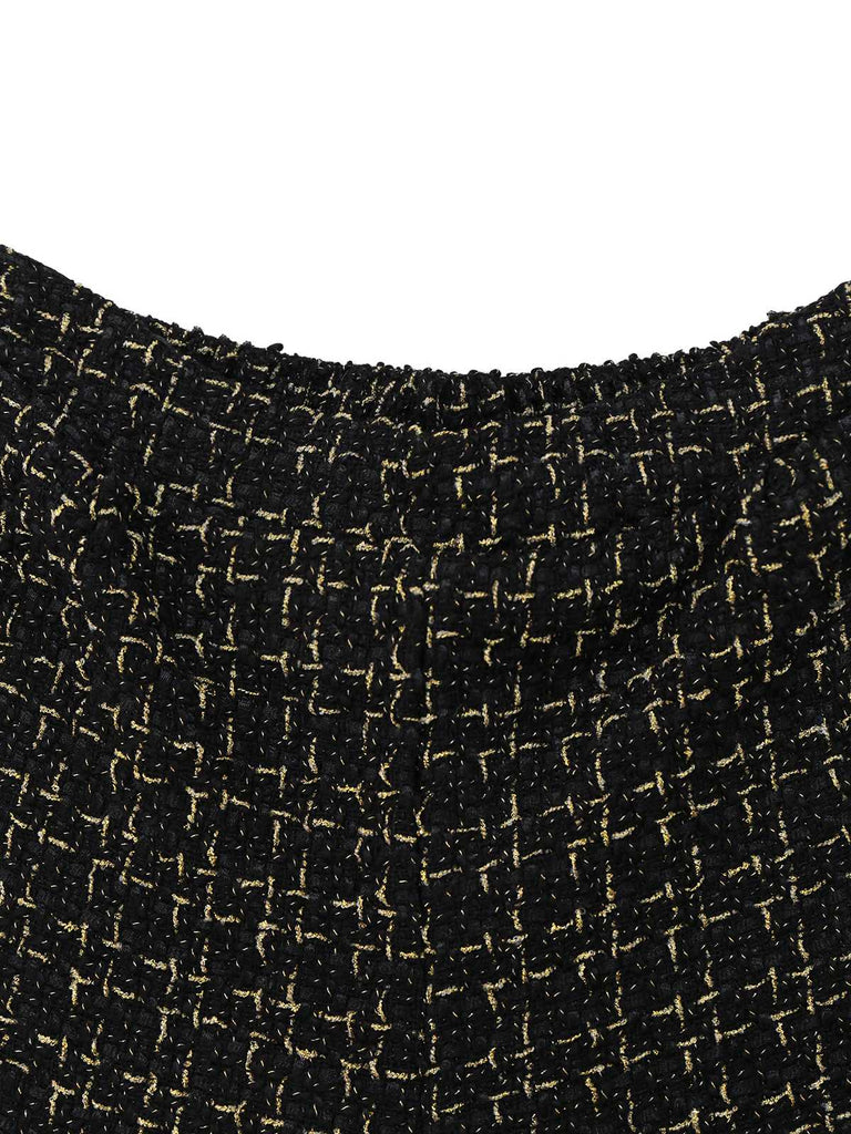 2PCS Black 1970s Tweed Plaids Vest & Shorts