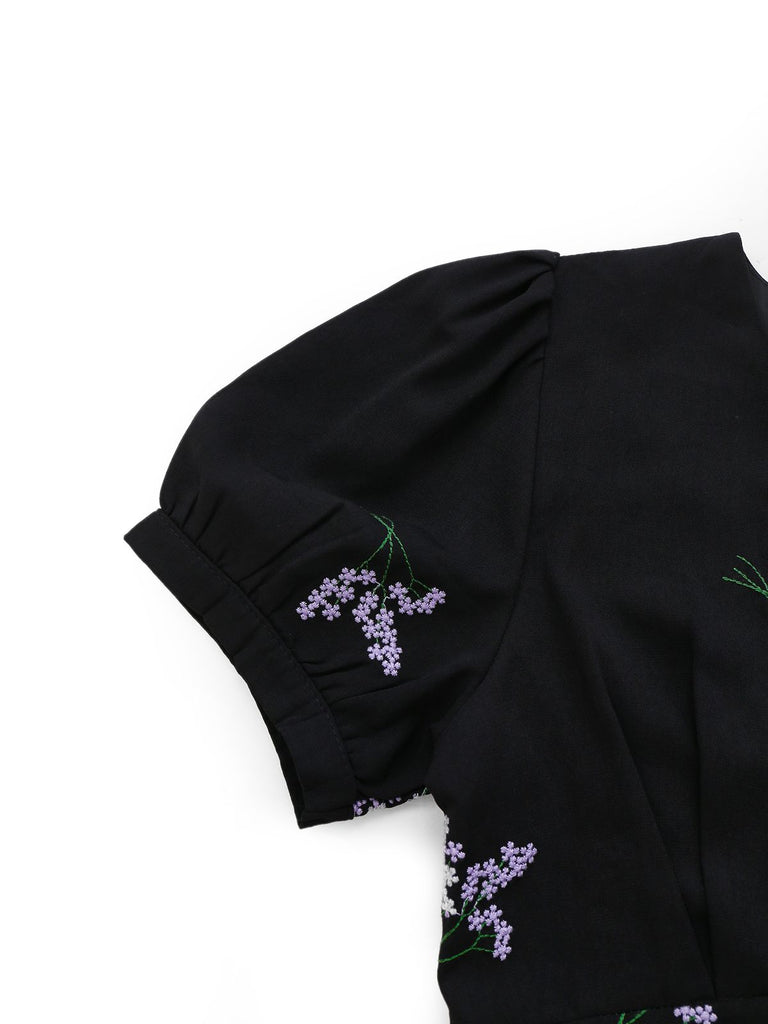 Black 1940s Purple Floral Embroidered V-Neck Dress