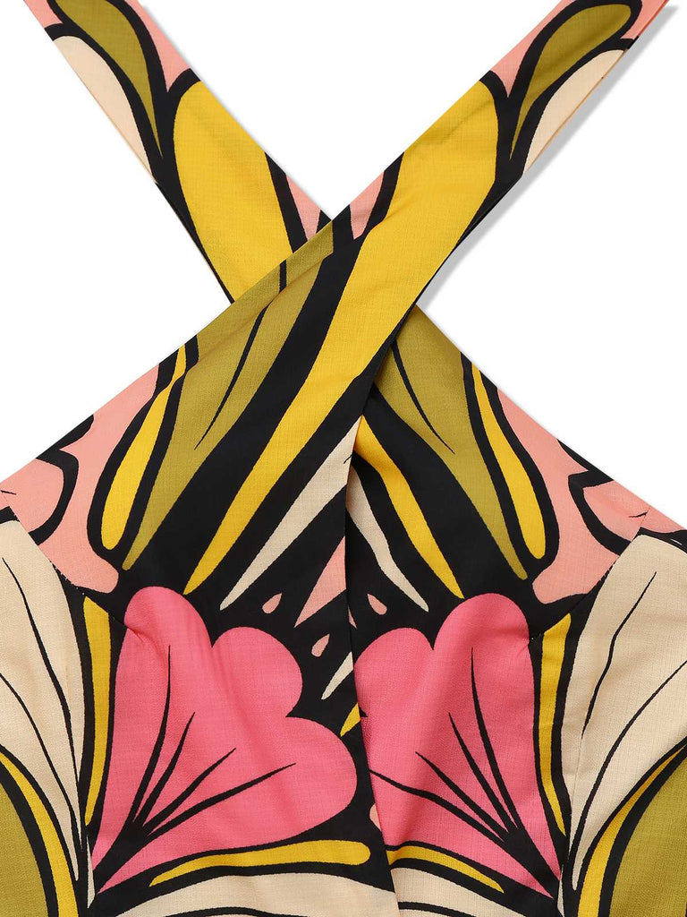 1970s Boho Halter Floral Belted Backless Dress