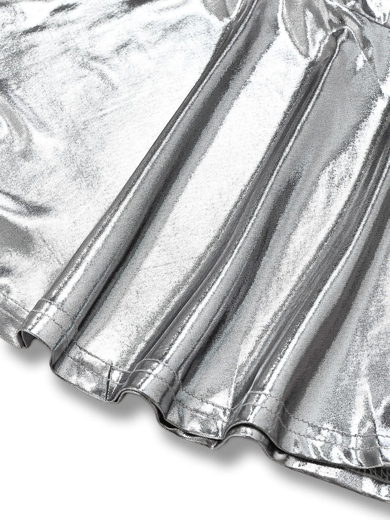 1970s Metallic V-Neck Pleated Mini Dress