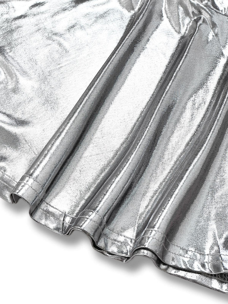 1970s Metallic V-Neck Pleated Mini Dress