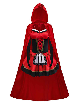 2PCS Red 1970s Riding Hood Costume Cape With Corset Dress