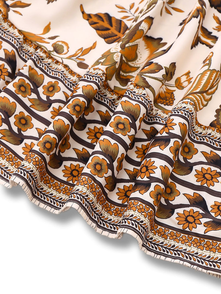 Caramel Colour 1970s Floral Boho Style Dress