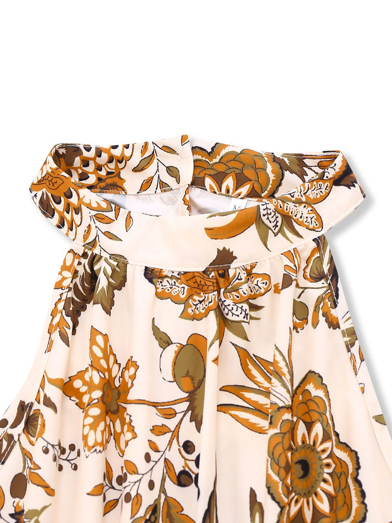 Caramel Colour 1970s Floral Boho Style Dress
