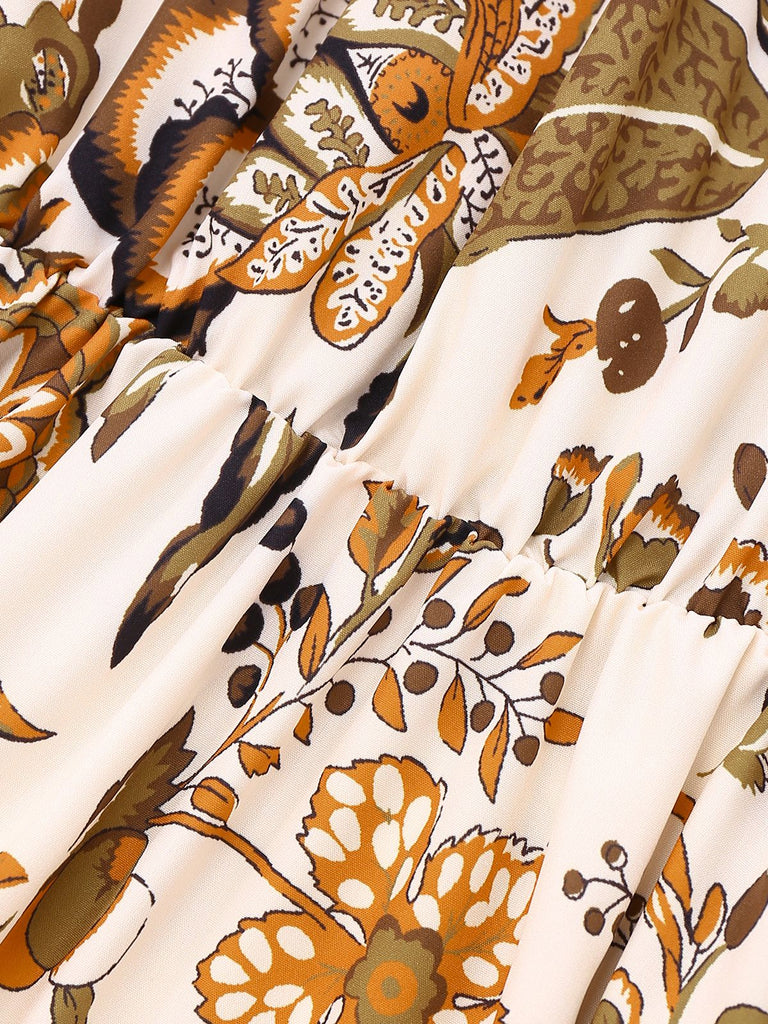 Caramel Colour 1970s Floral Boho Style Dress