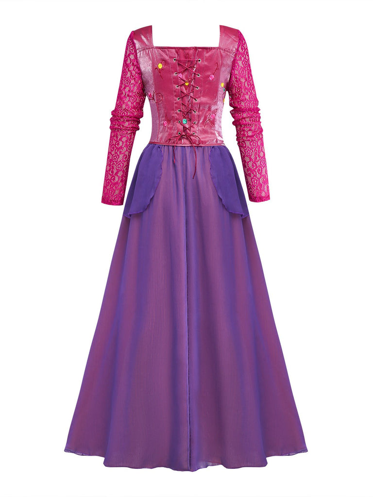 Purple 2PCS 1930s Hocus Pocus Lace Floral Top & Skirt