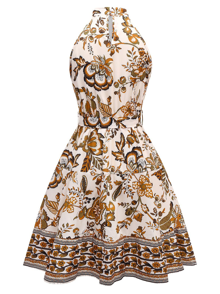 Caramel Colour 1970s Floral Boho Style Dress