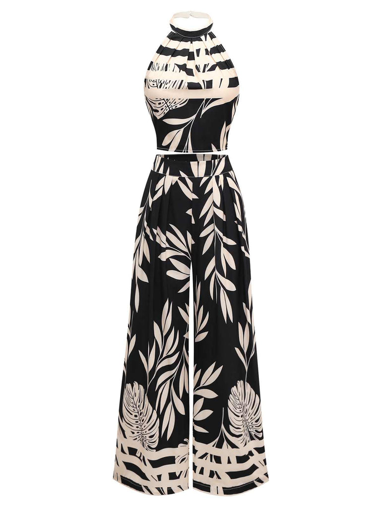2PCS Black 1970s Halter Backless Botanical Stripe Top & Wide Leg Pants