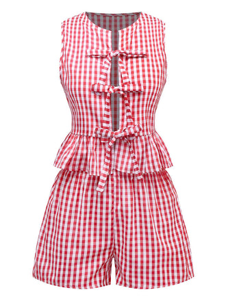 2PCS 1950s Plaid Ruffled Bow Vest & Shorts
